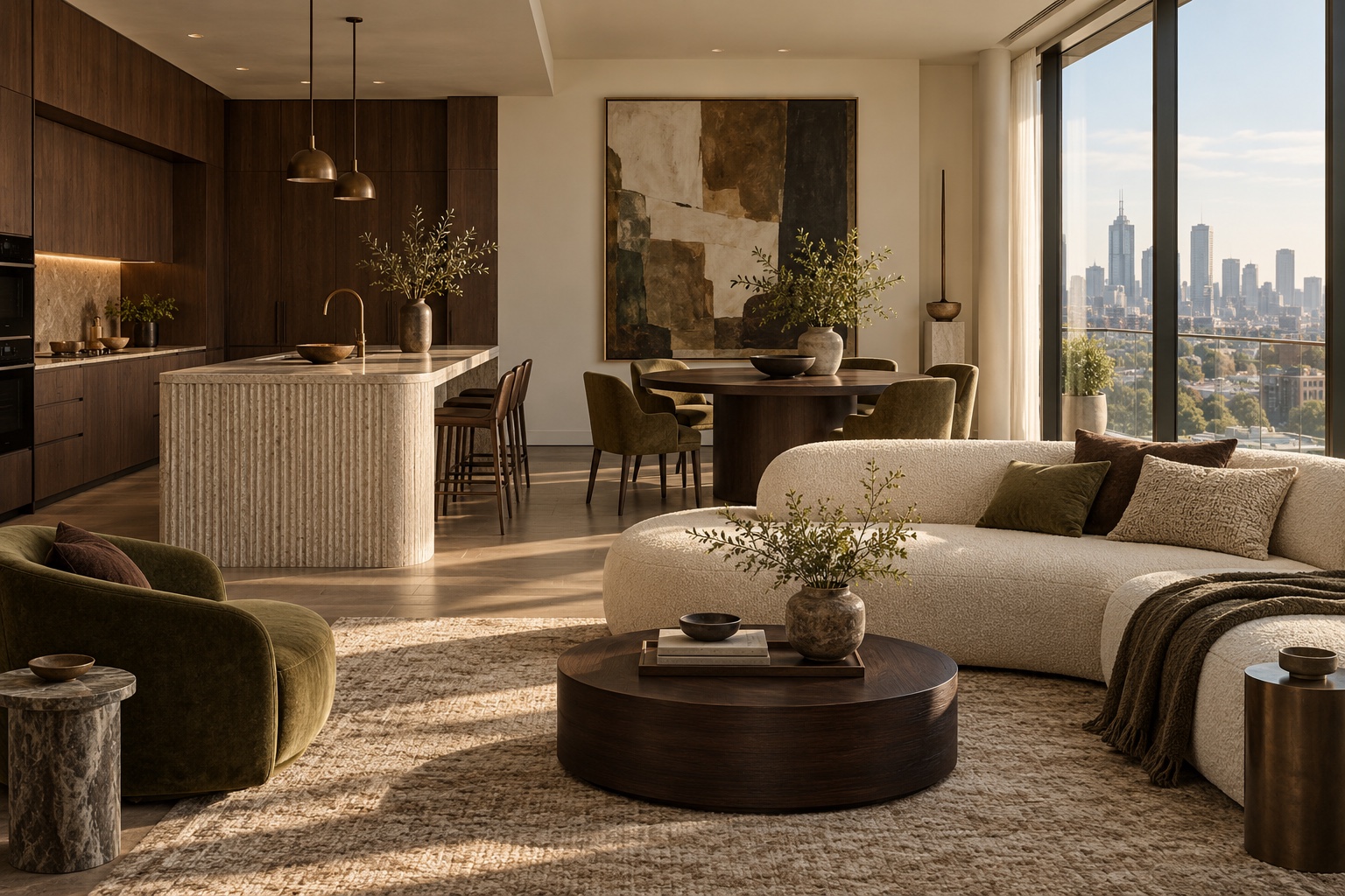 City residence concept with walnut joinery, sculptural seating and a stone island