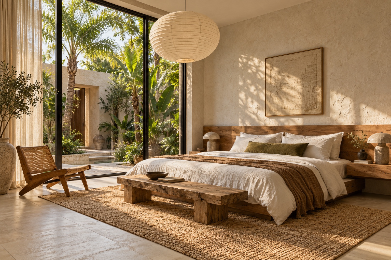 Guest bedroom design concept with layered linen, oak detailing and a tropical courtyard