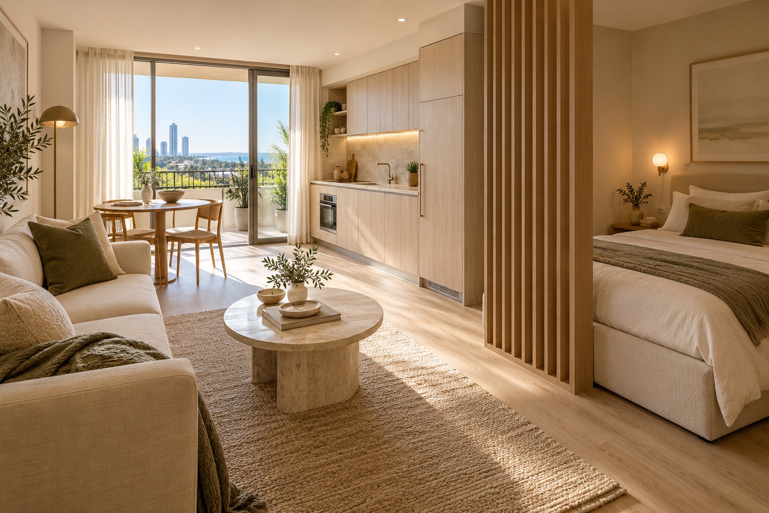 Coastal studio design concept with a slatted oak sleeping nook, compact living area and kitchenette
