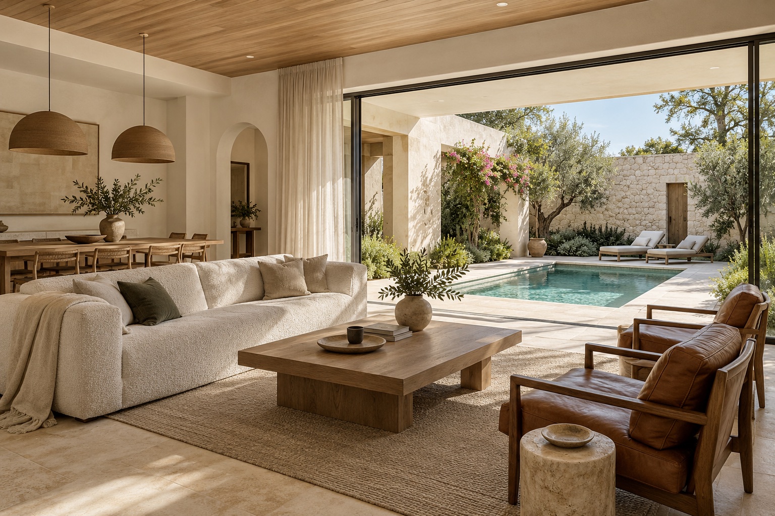 Courtyard villa design concept with limestone flooring, linen seating and doors opening to a private pool