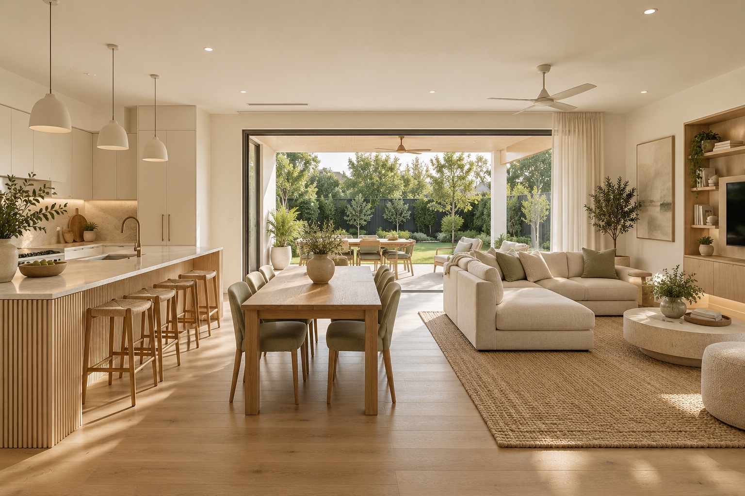 Contemporary family house design concept with fluted oak kitchen island, dining area and a comfortable sectional sofa