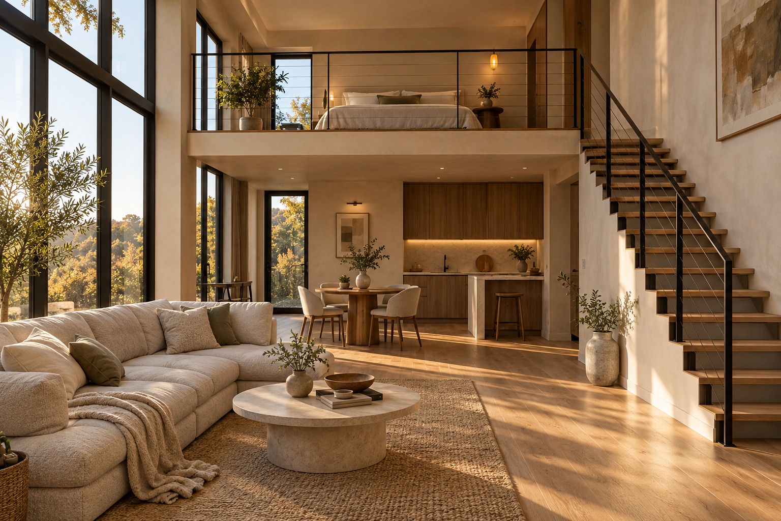 Loft design concept with a mezzanine bedroom and double-height living space