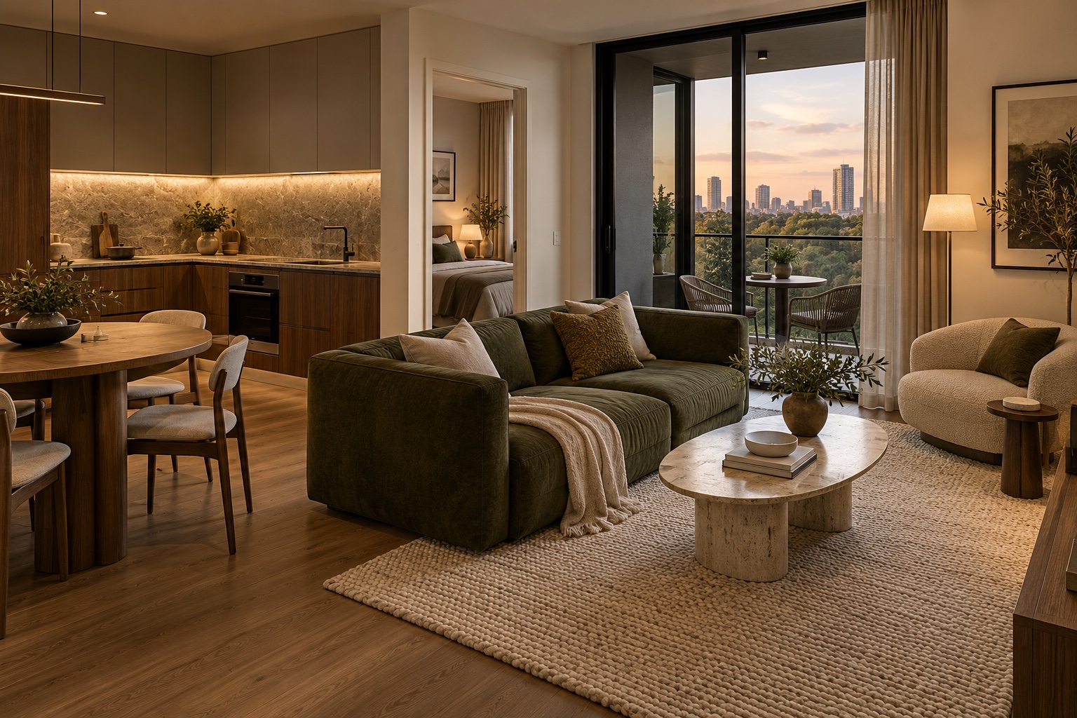 One-bedroom city apartment concept with an olive sofa, walnut kitchen and warm evening light