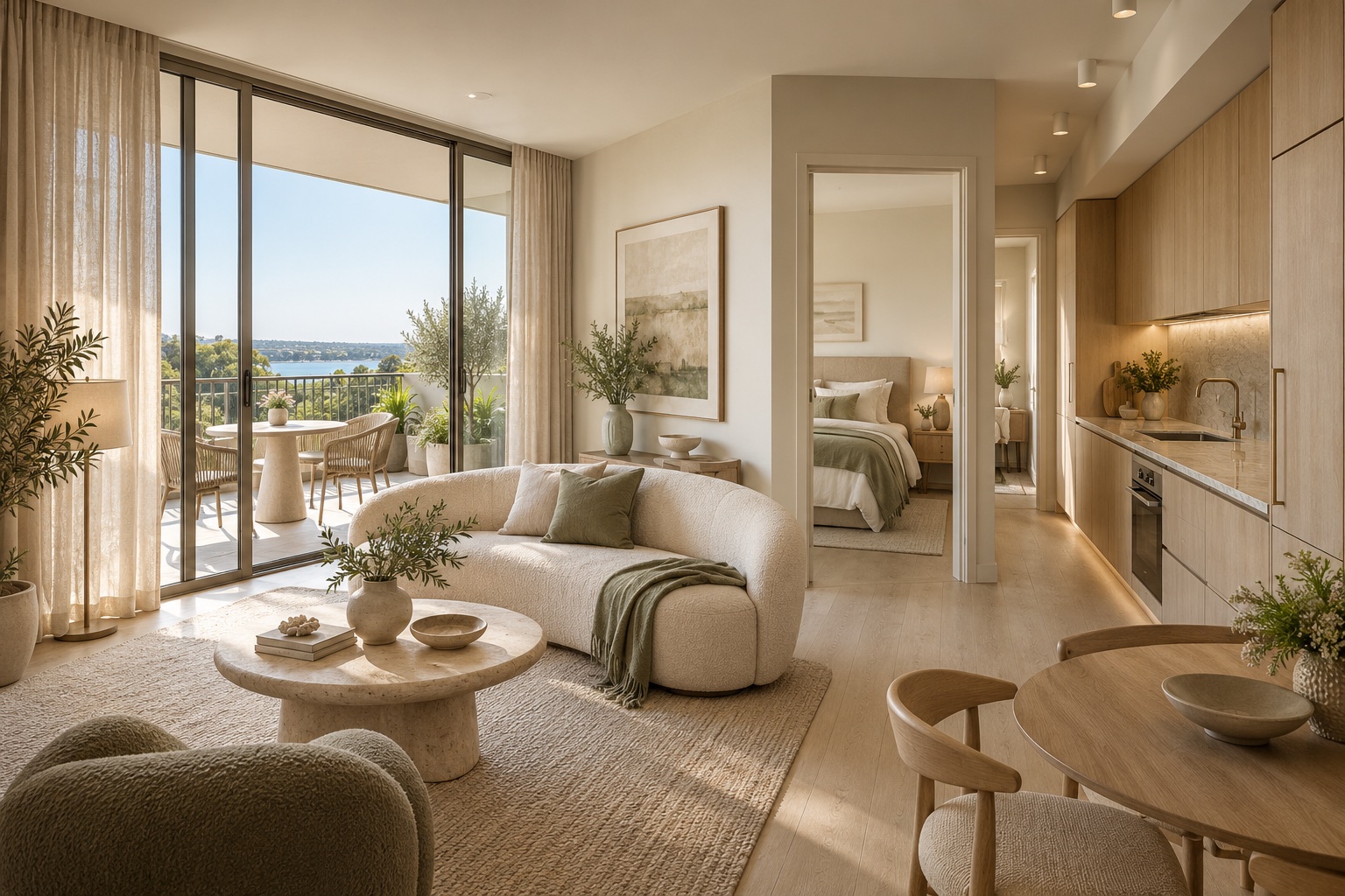 One-bedroom coastal apartment concept with curved ivory seating, oak kitchen and a separate bedroom