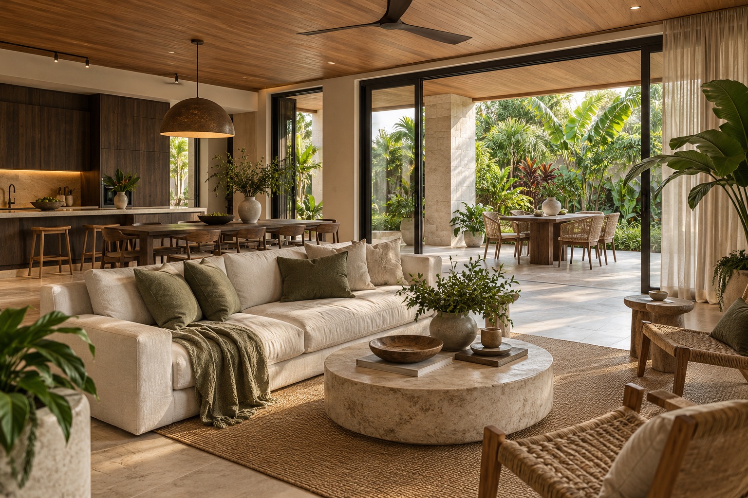 Tropical villa design concept with timber ceiling, dark kitchen cabinetry and a lush outdoor dining terrace