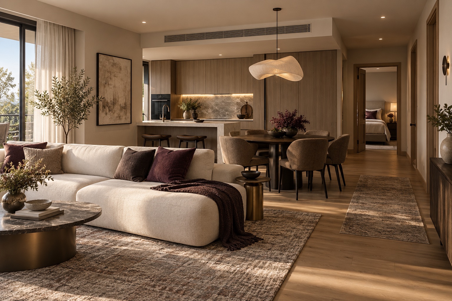Contemporary two-bedroom apartment concept with a cream sectional, aubergine accents and integrated oak kitchen