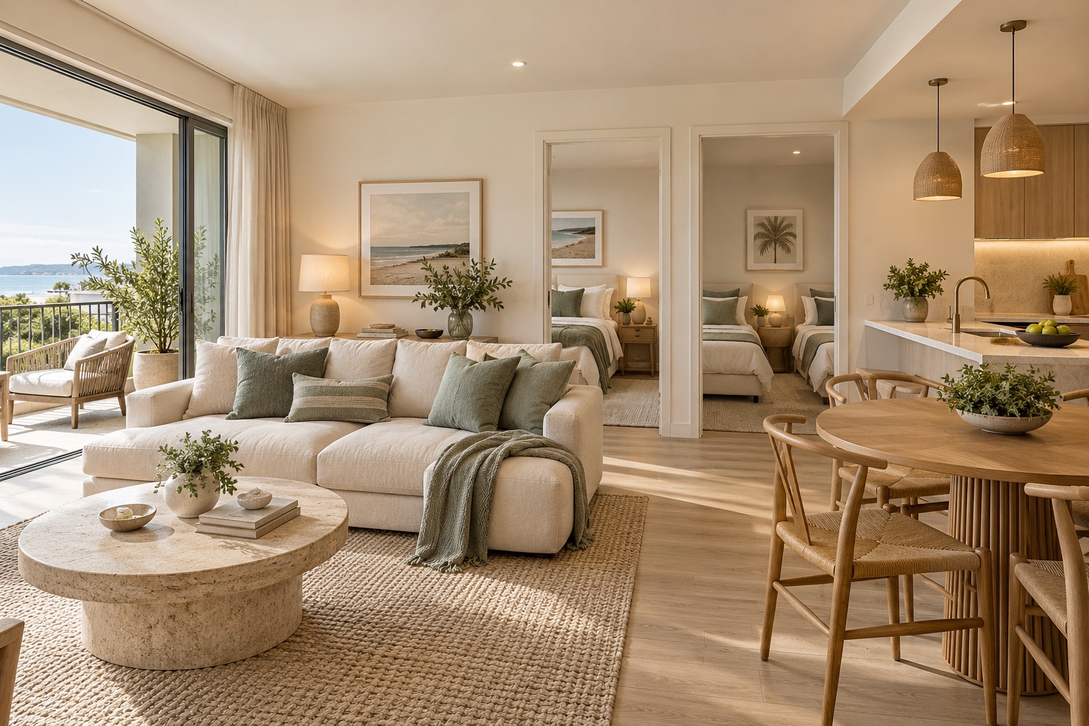 Two-bedroom holiday apartment concept with open living and dining, a queen bedroom and a twin bedroom
