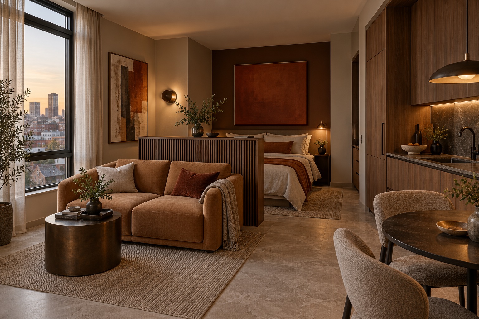 Urban studio design concept with walnut kitchenette, caramel sofa and a bed behind a timber divider