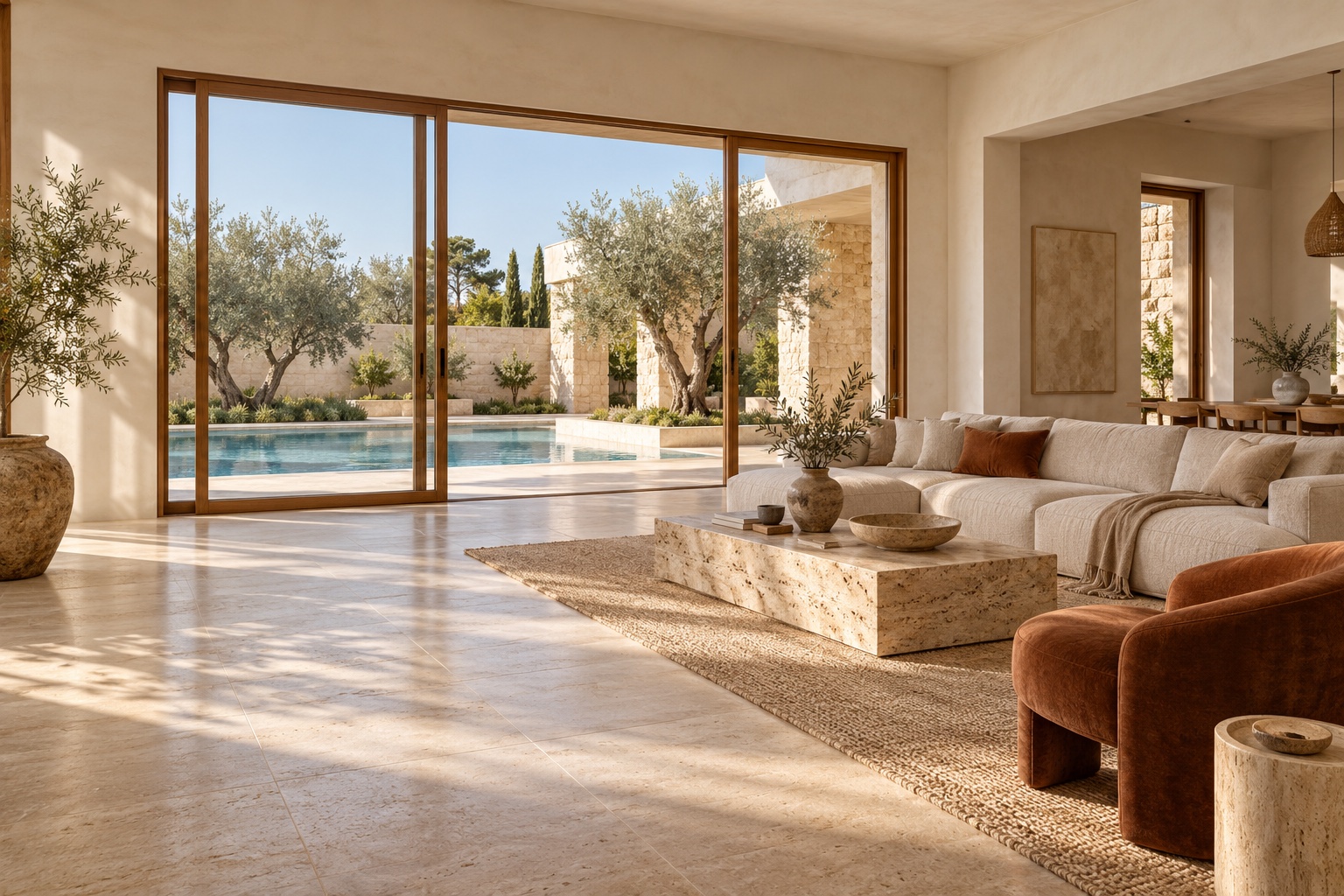 Modern villa concept with linen seating, stone finishes and courtyard views
